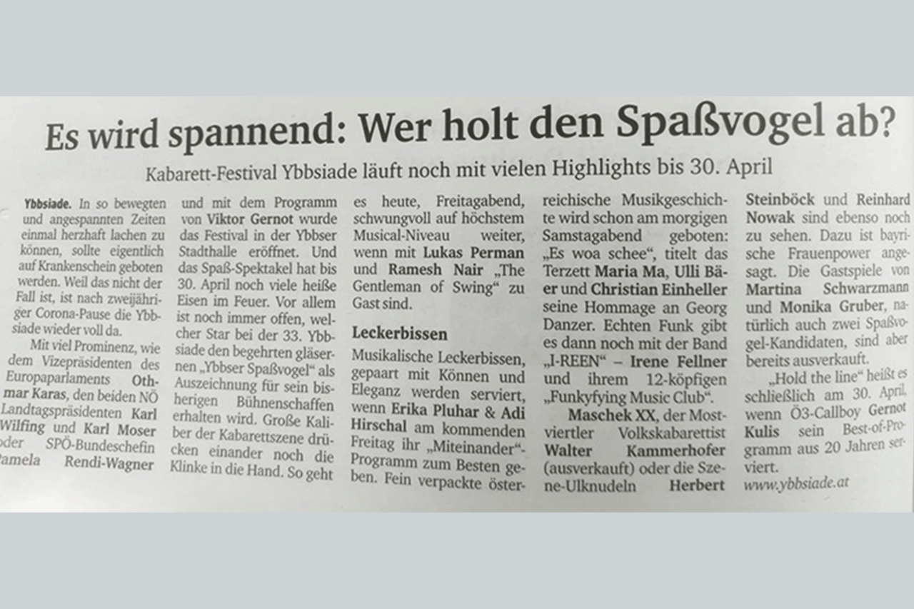 You are currently viewing Pressebeitrag „Es wird spannend: Wer holt heuer den Spaßvogel ab?“