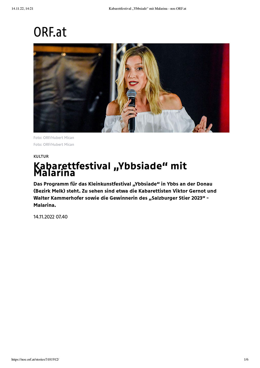You are currently viewing Pressebeitrag „Kabarettfestival „Ybbsiade“ mit Malarina“