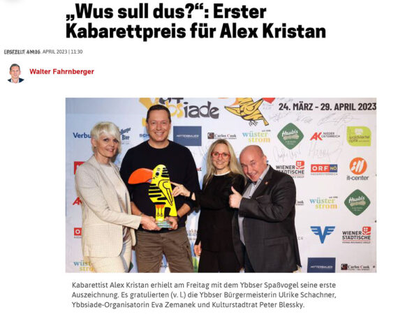 Read more about the article Pressebeitrag „Wus sull dus?: Erster Kabarettpreis für Alex Kristan“