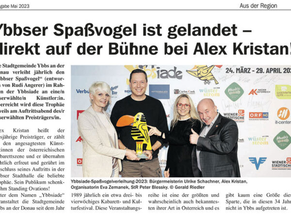 Read more about the article Pressebeitrag „Ybbser Spaßvogel ist gelandet – direkt auf der Bühne bei Alex Kristan!“