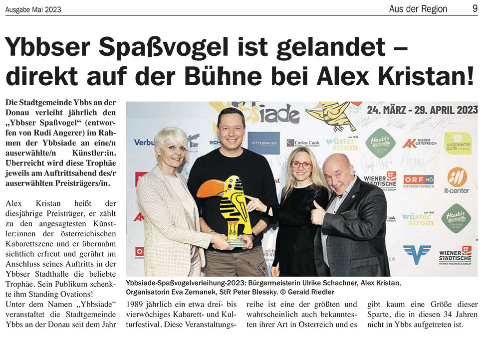 You are currently viewing Pressebeitrag „Ybbser Spaßvogel ist gelandet – direkt auf der Bühne bei Alex Kristan!“