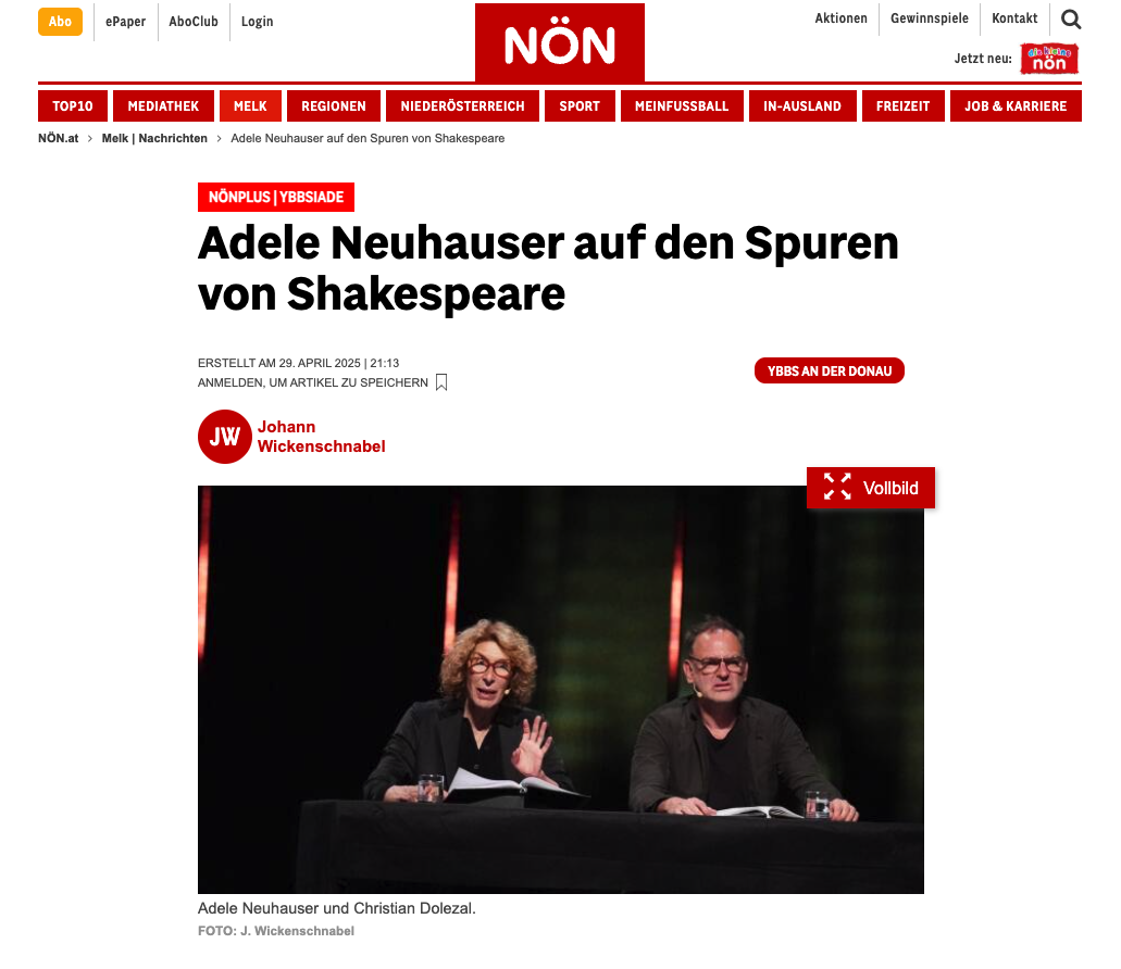 You are currently viewing Pressebeitrag „Adele Neuhauser auf den Spuren von Shakespeare“
