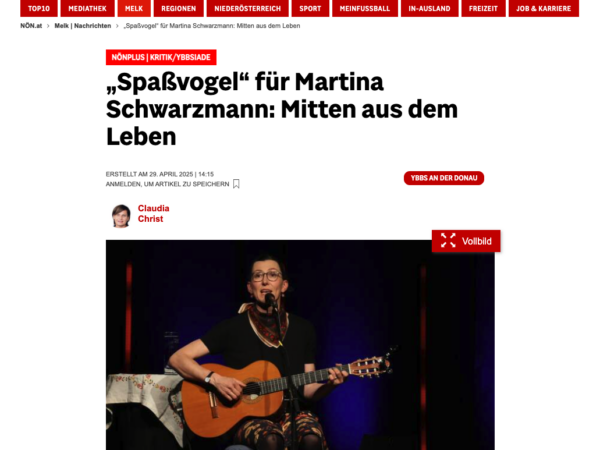 Read more about the article Pressebeitrag „Spaßvogel für Martina Schwarzmann: Mitten aus dem Leben“
