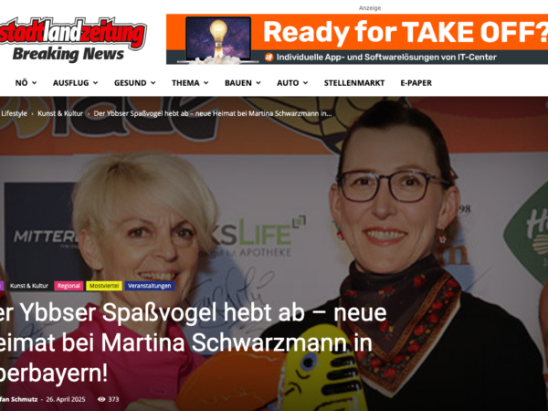 Read more about the article Pressebeitrag „Der Ybbser Spaßvogel hebt ab – neue Heimat bei Martina Schwarzmann in Oberbayern!“