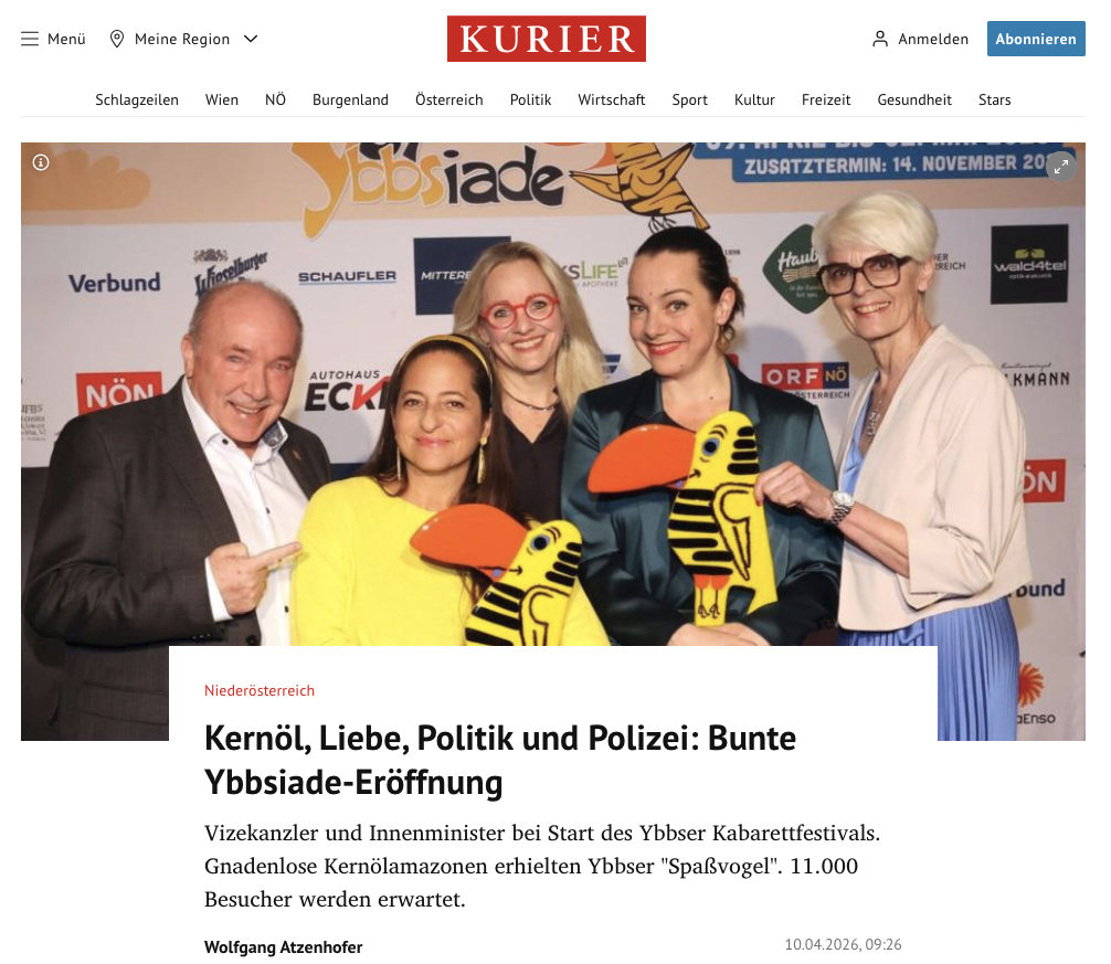 Du betrachtest gerade Pressebeitrag Kurier „Kernöl, Liebe, Politik und Polizei: Bunte Ybbsiade-Eröffnung“