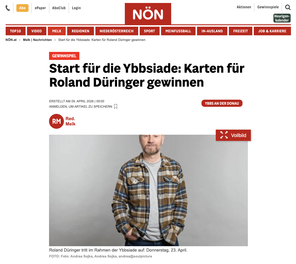 Du betrachtest gerade Pressebeitrag NÖN „Start für die Ybbsiade: Karten für Roland Düringer gewinnen“